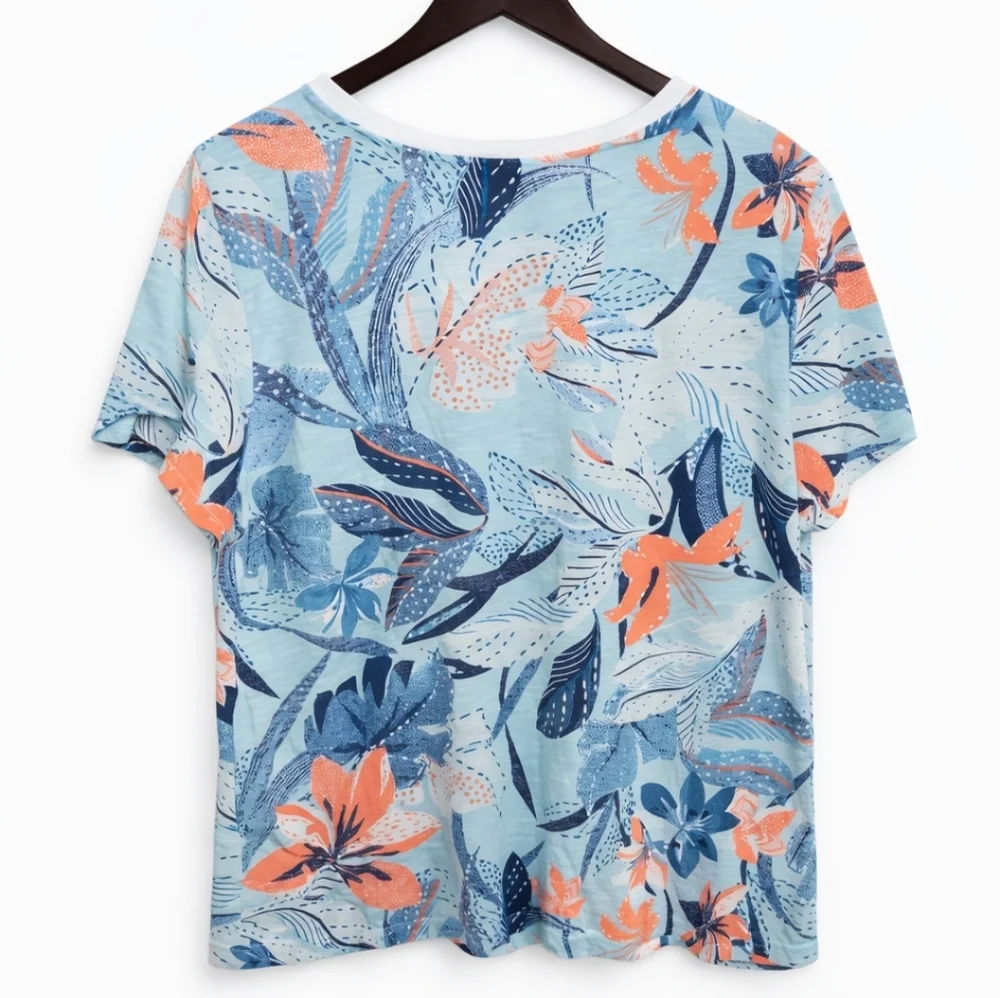 Chicos Blue Floral Short Sleeve Cotton Tee Sz 2 (Lg)